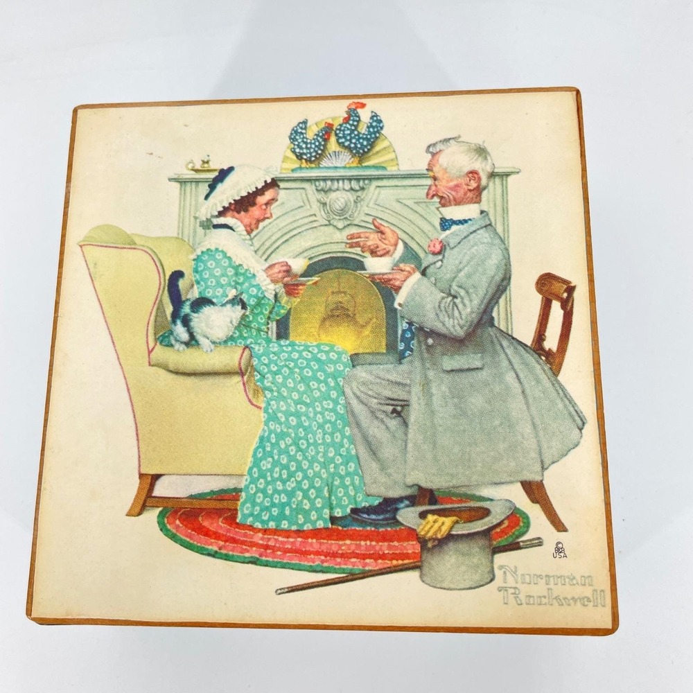 Vintage Norman Rockwell Tea for Two Wooden Music Box Sankyo Japan Blue Americana
